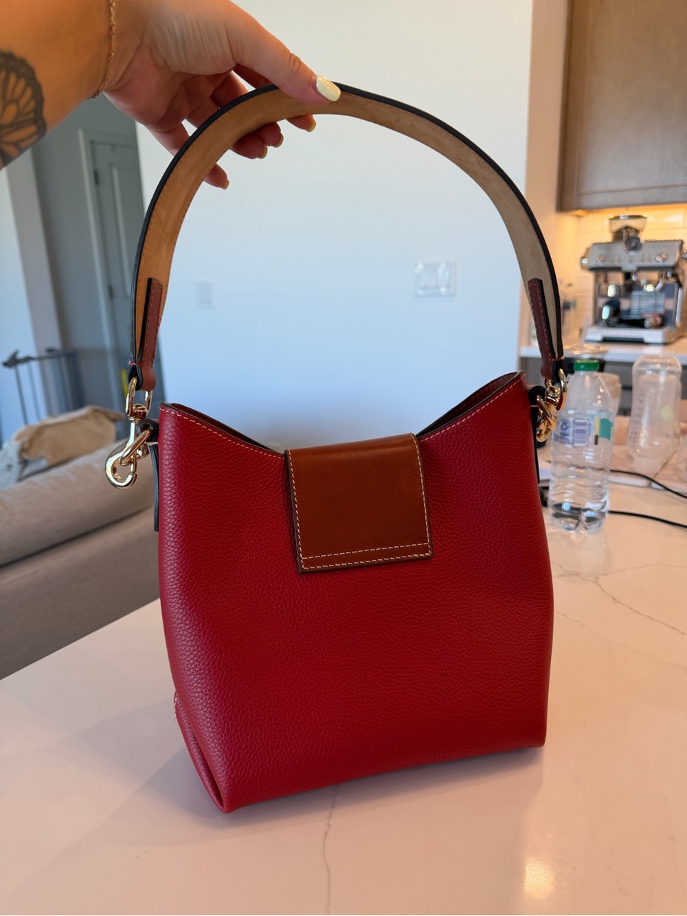 Dooney & Bourke Red Pebble Leather Shoulder Bag with Brown Trim - Picture 6 of 10